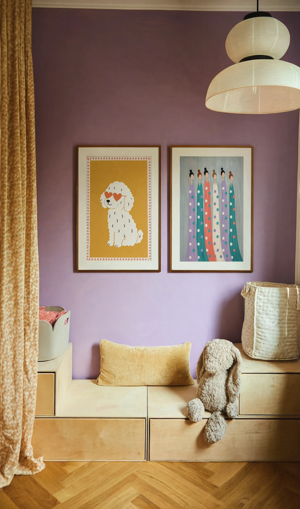 Set of 2 Lavender Coral Figures & Playful Dog Prints | Contemporary Abstract Figurative & Animal Wall Art Set