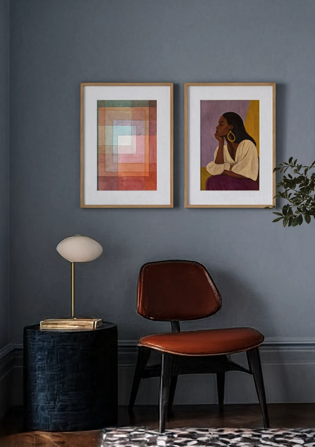 Set of 2 Modern Wall Art Prints | Polyphonically by Paul Klee & Elegant Black Woman Profile in Plum Tones