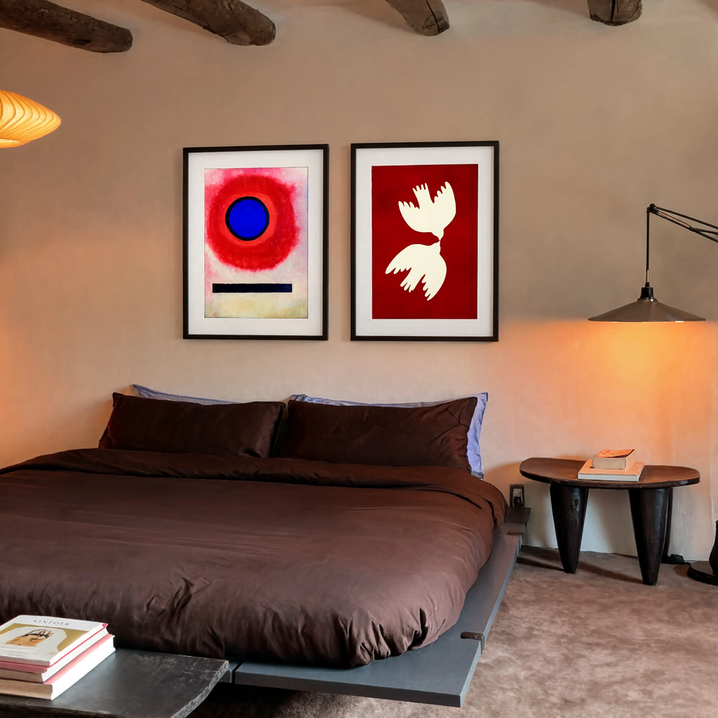 Set of 2 Doves in Red Hues & Wassily Kandinsky Blauer Kreis No. 2 (Cercle Bleu II) Prints | Abstract Wall Art Set (