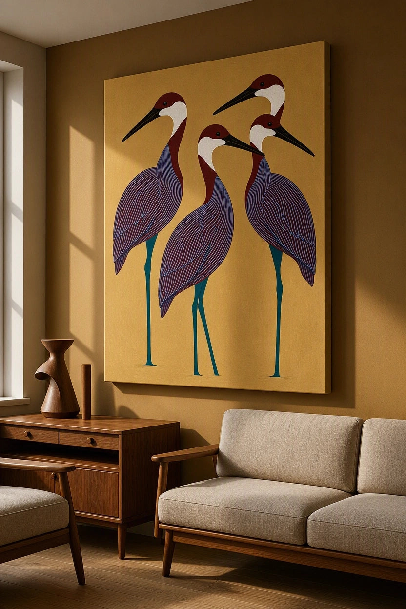 Canvas Print Burgundy Birds on Muted Caramel | Contemporary Bird Wall Art