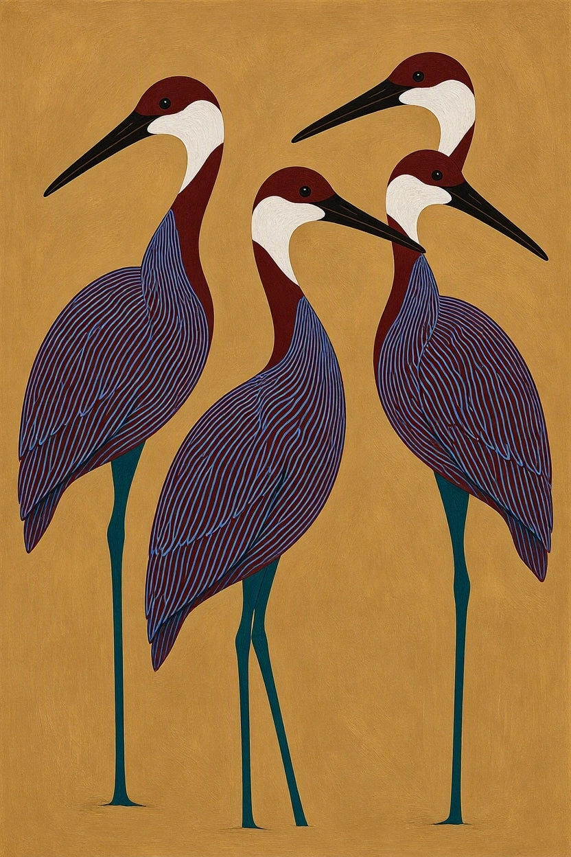 Canvas Print Burgundy Birds on Muted Caramel | Contemporary Bird Wall Art
