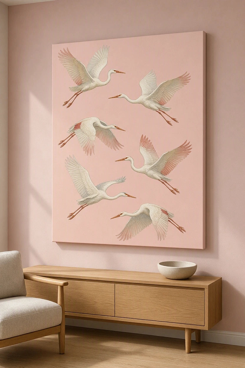 Canvas Print Flying Cranes on Pink | Japanese-Inspired Bird Wall Art