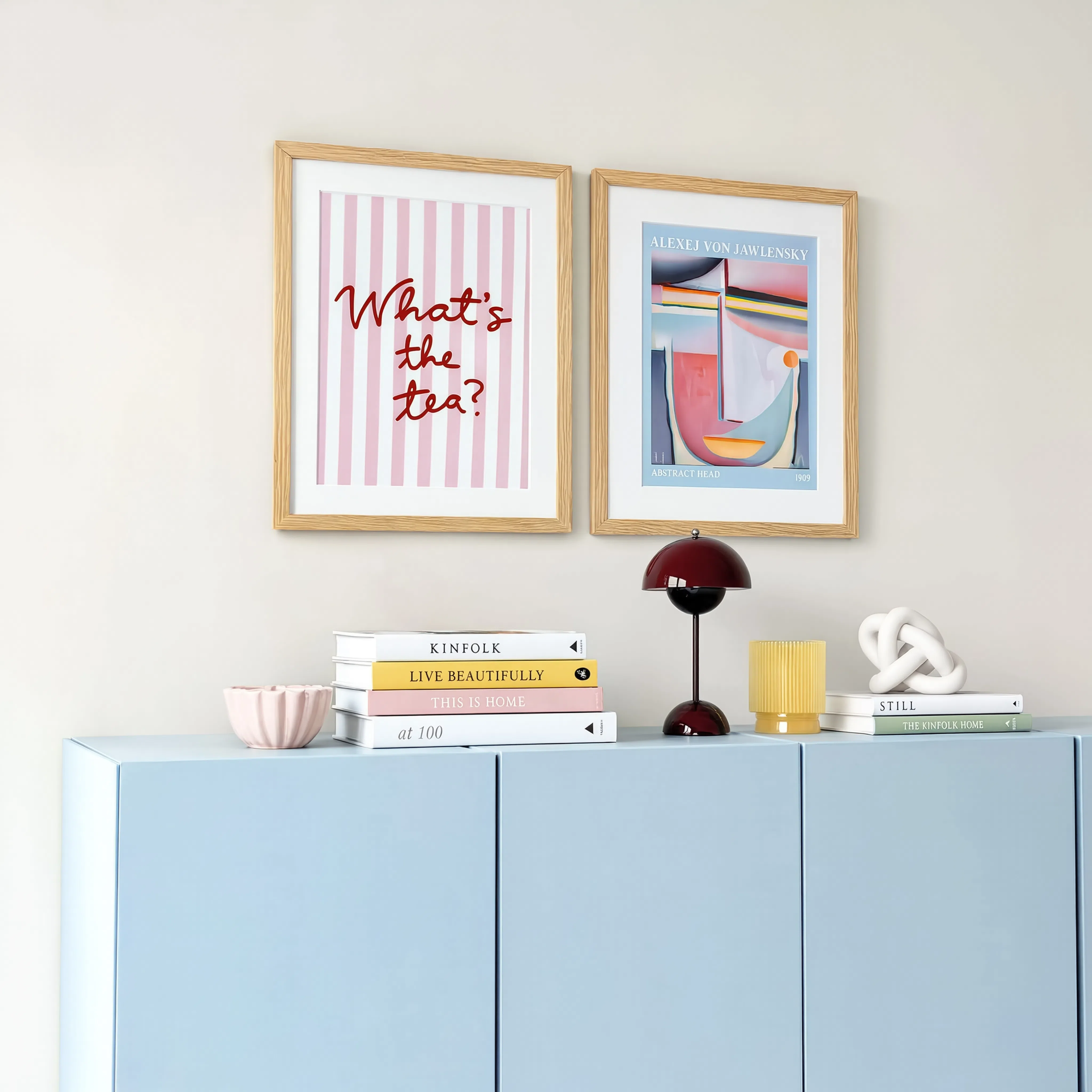 Set of 2 Expressionist & Contemporary Wall Art Prints – What’s The Tea & Pink Abstract Portrait Gallery Set
