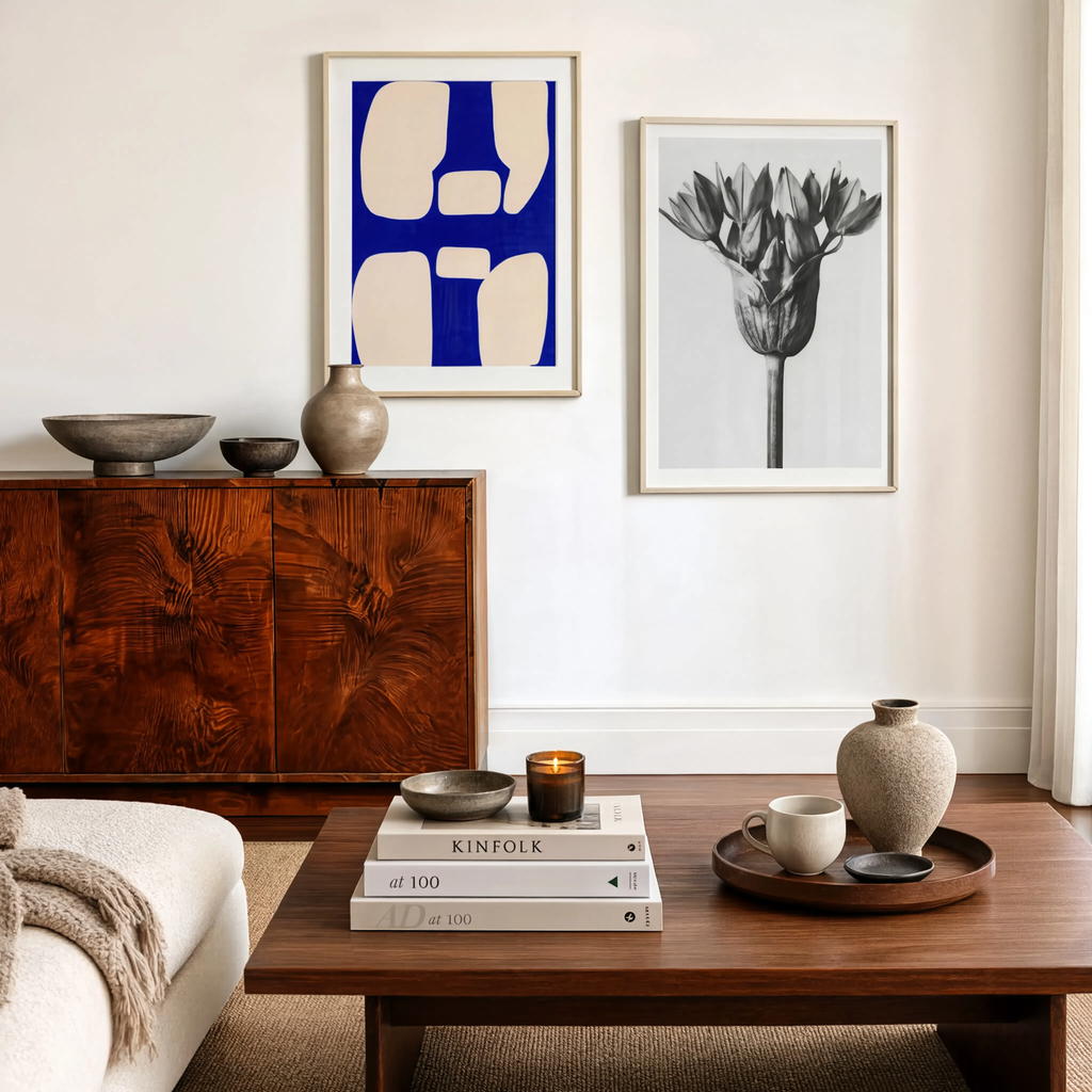 Set of 2 Wall Art Prints – Klein-Inspired Blue Abstract & Karl Blossfeldt Botanical Photography Collection