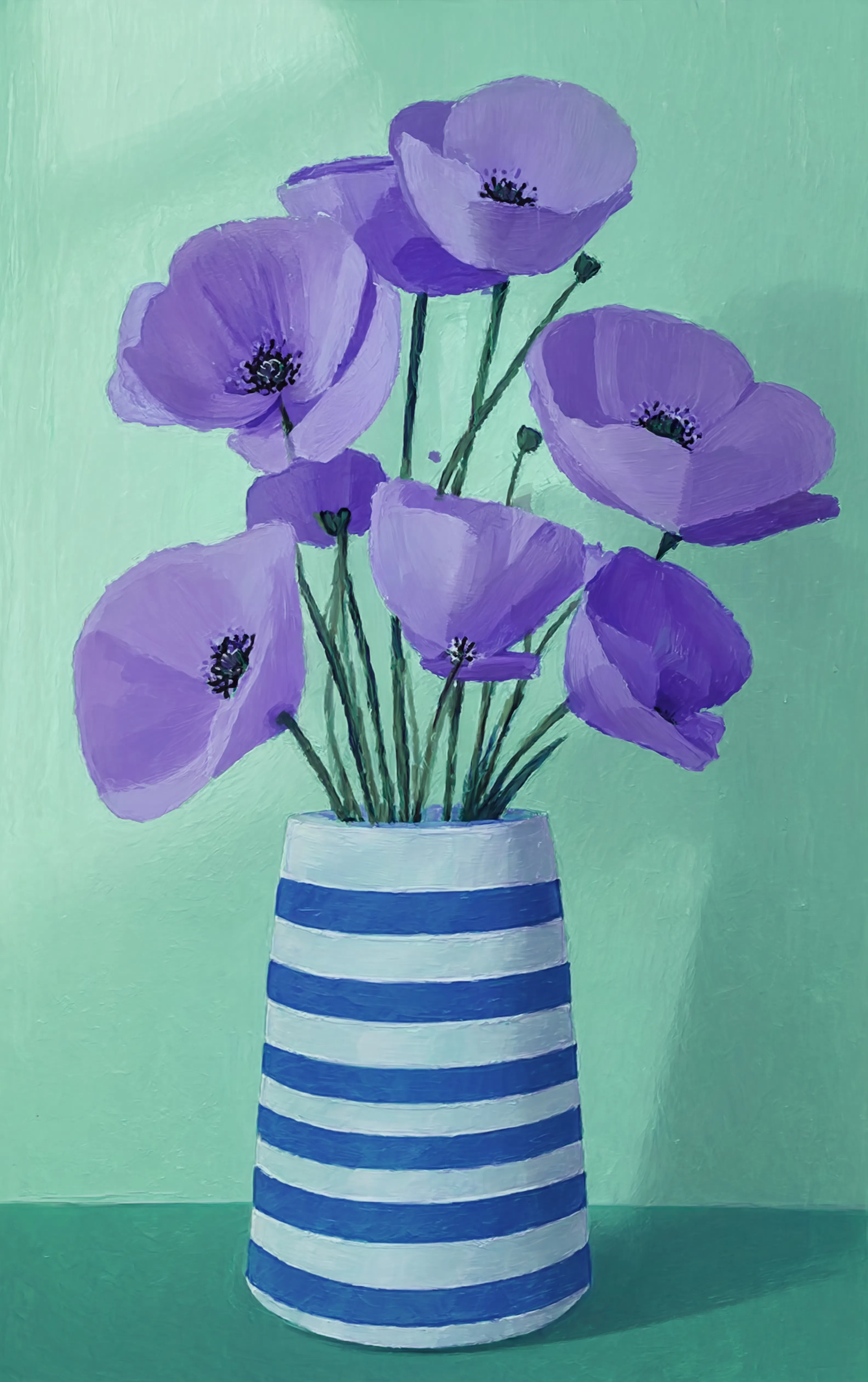 Set of 2 Violet Poppies – Mint & Figurative Woman in Striped Dress Prints | Contemporary Botanical & Abstract Portrait Wall Art Set