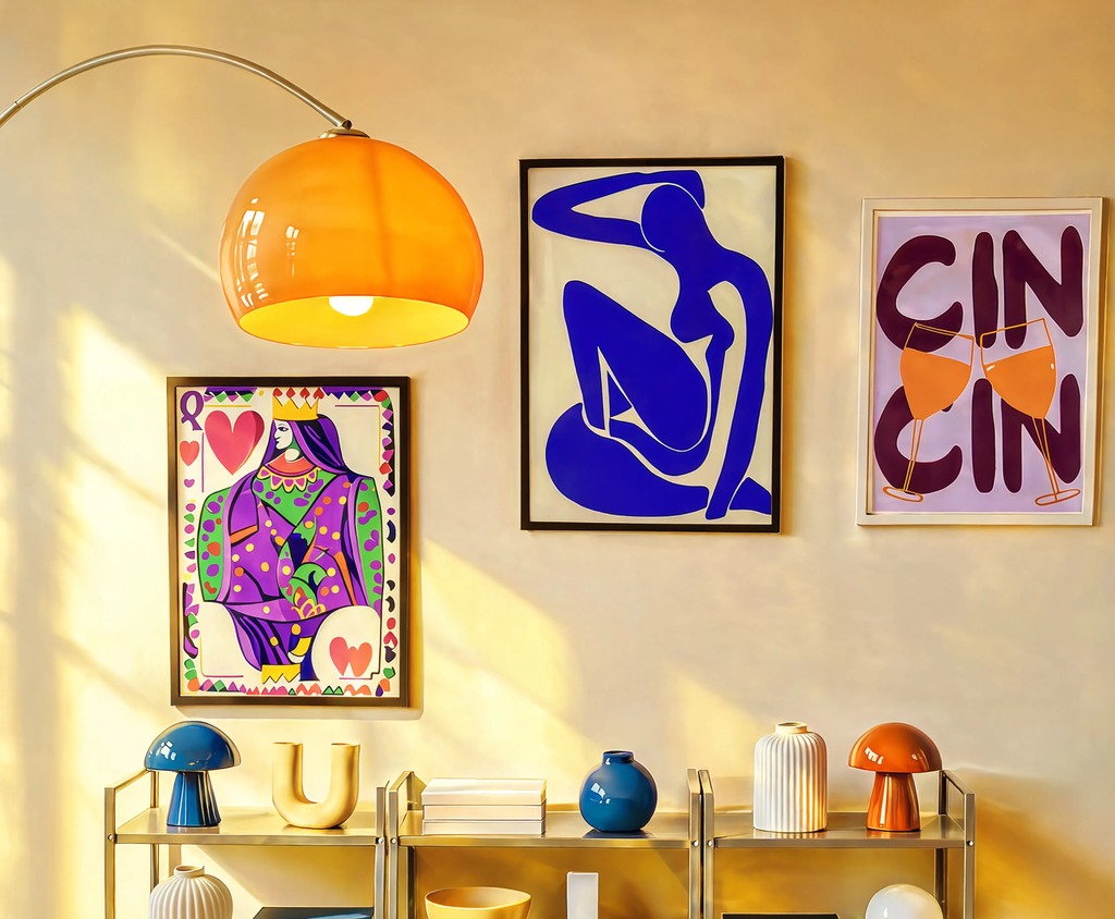 Set of 3 Minimalist Colour & Line Art Prints – Cin Cin, Abstract Line Art & Queen of Hearts Gallery Set