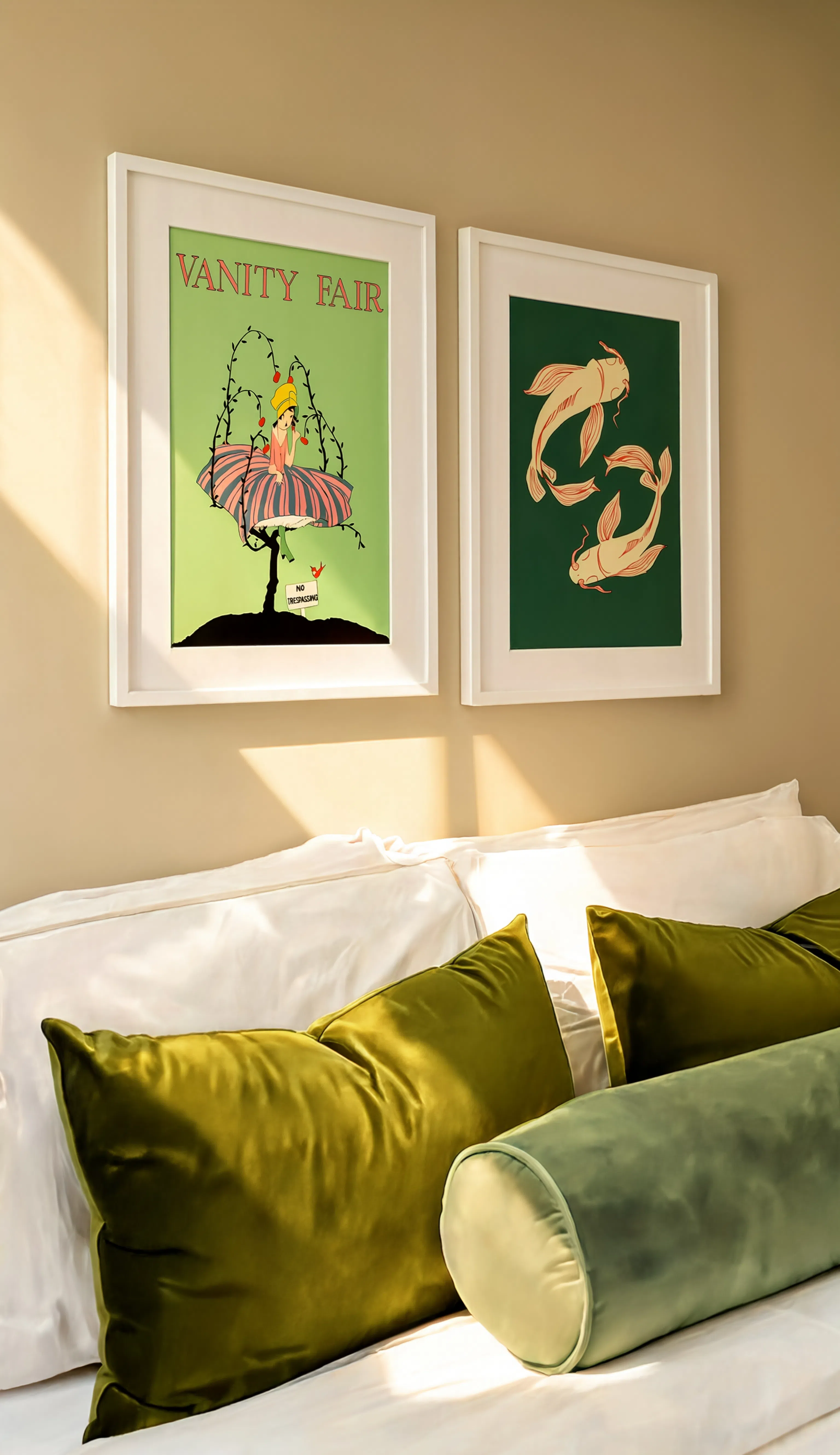 Set of 2 Japanese & Vintage Editorial Art Prints – Green Koi Fish & Vanity Fair “No Trespassing” Gallery Set