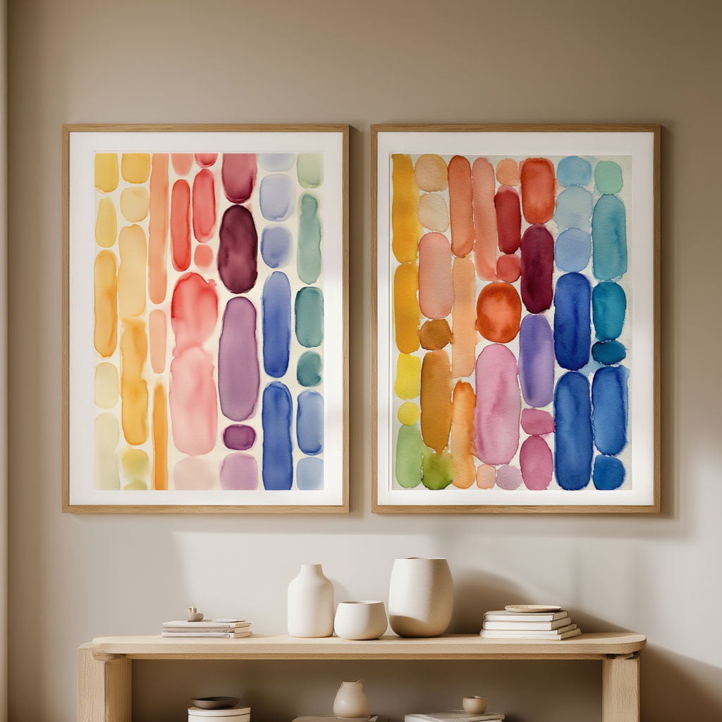 Set of 2 Colourful Watercolor Shapes – Vibrant Abstract Wall Art Prints - Hakyarts