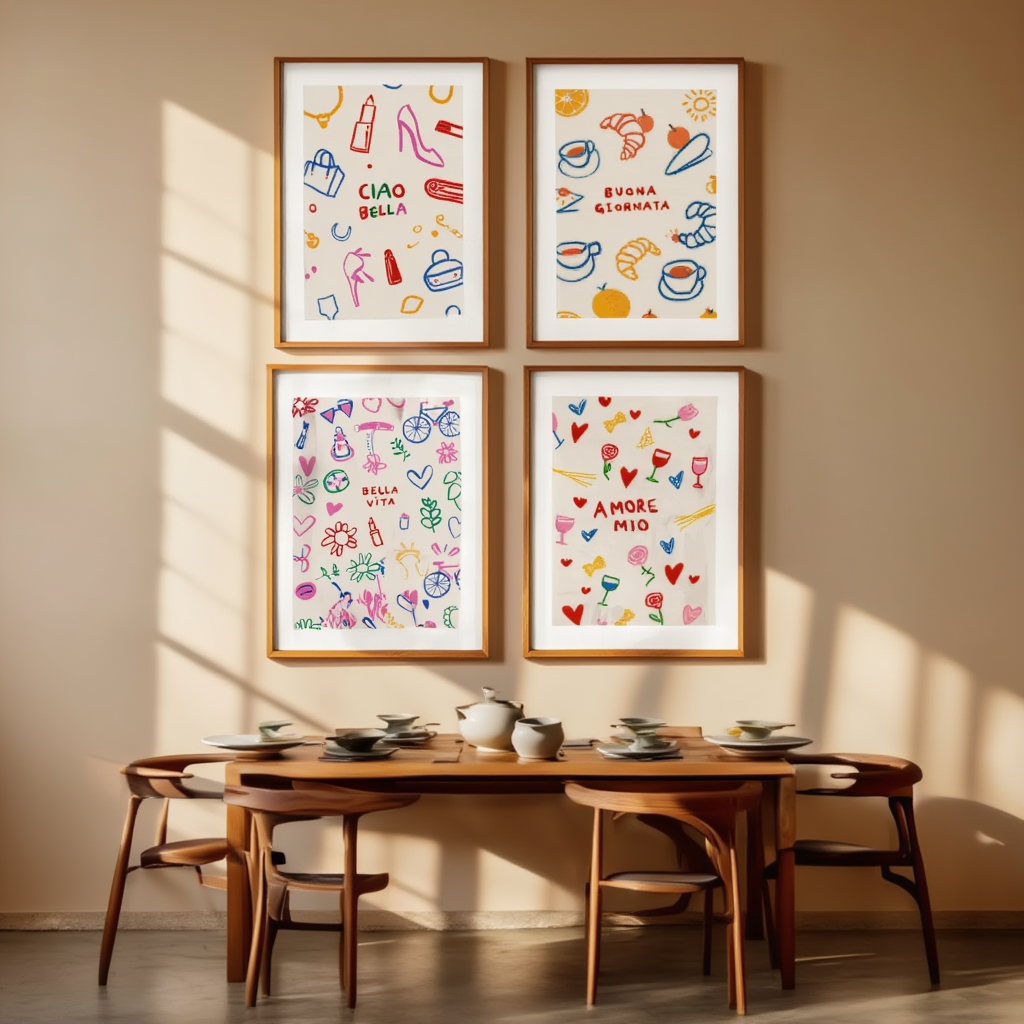 Set of 4 Italian Phrase Prints – “Amore”, “Bella Vita”, “Ciao Bella”, “Buona Giornata” Wall Art - Hakyarts