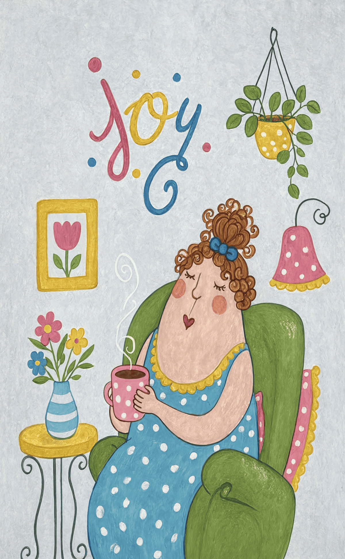 Whimsical Joy Coffee Drinking Folk Art Variation | Contemporary Folk Art Print