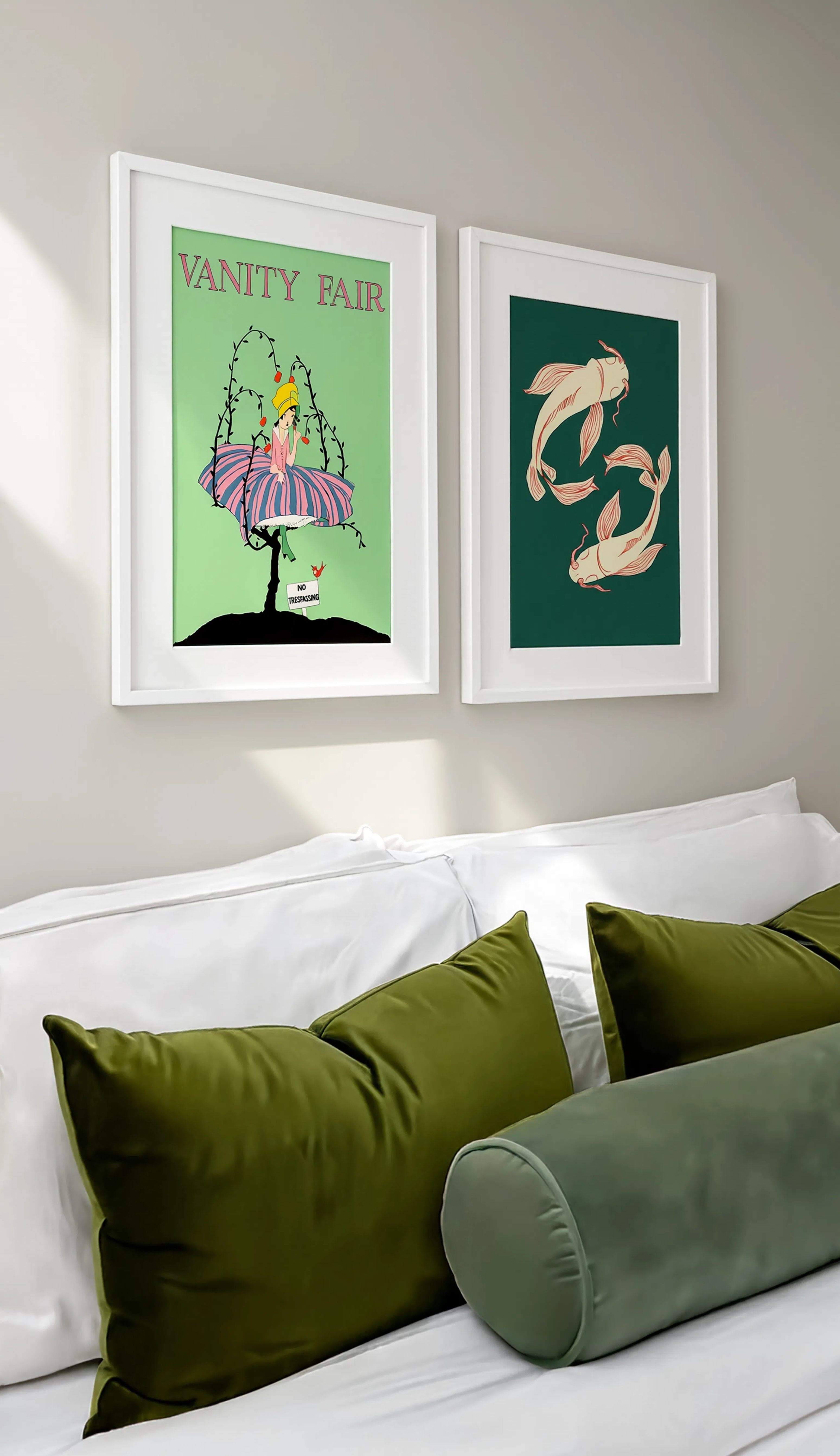 Set of 2 Japanese & Vintage Editorial Art Prints – Green Koi Fish & Vanity Fair “No Trespassing” Gallery Set