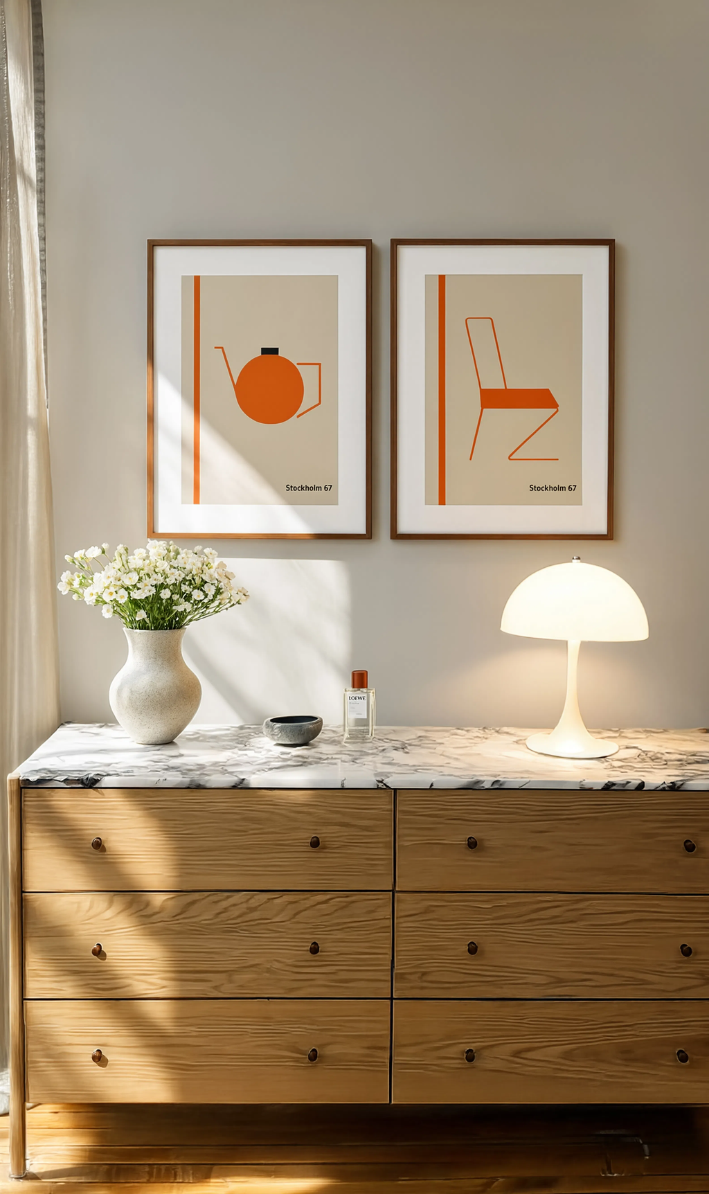 Set of 2 Orange Chair – Stockholm & Orange Teapot Prints | Contemporary Scandinavian & Kitchen Wall Art Set