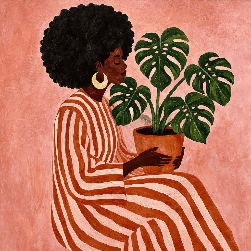 Beautiful Woman with Monstera | Contemporary Afro Botanical Wall Art