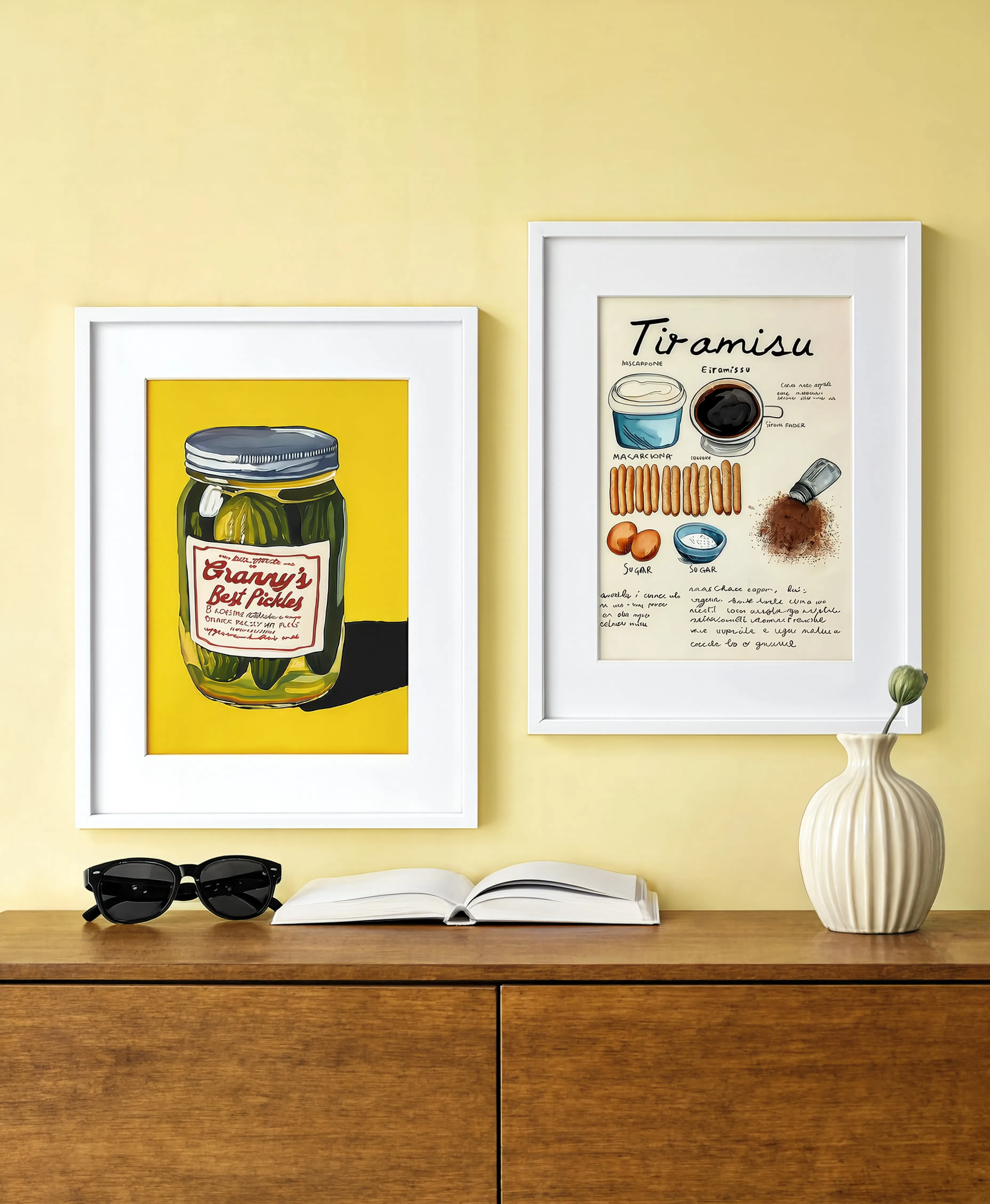 Set of 2 Whimsical Kitchen Wall Art Prints – Granny’s Pickles & Tiramisu Recipe Illustration