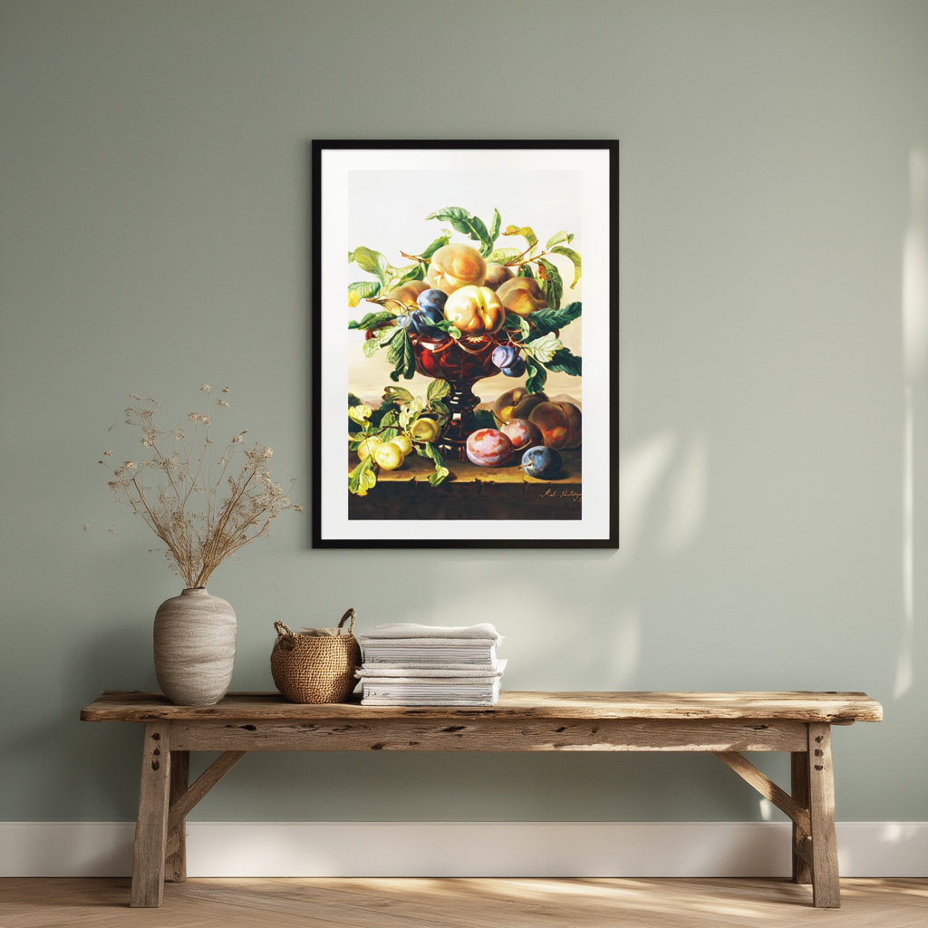 Still Life with Peaches and Plums in a Red Glass Bowl