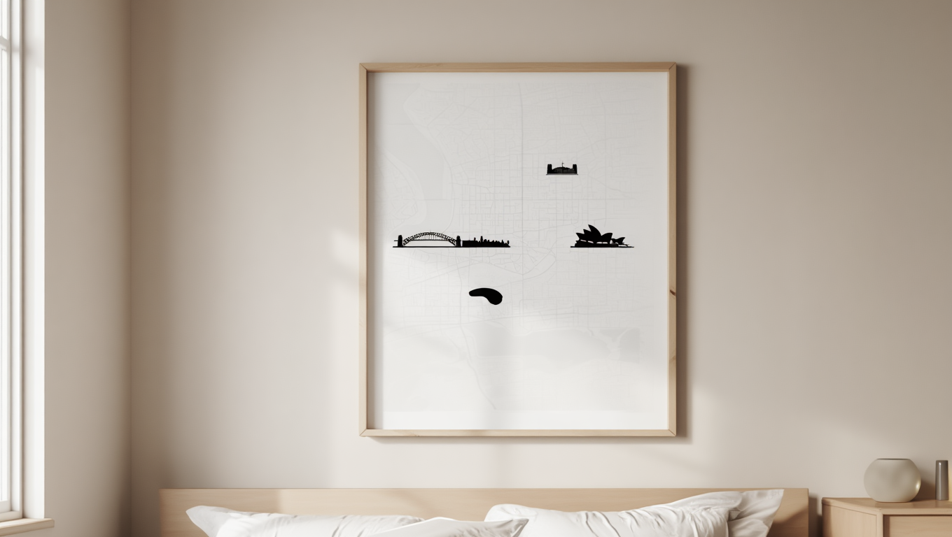 Sydney City Map Poster – Black and White Minimalist Wall Art Print