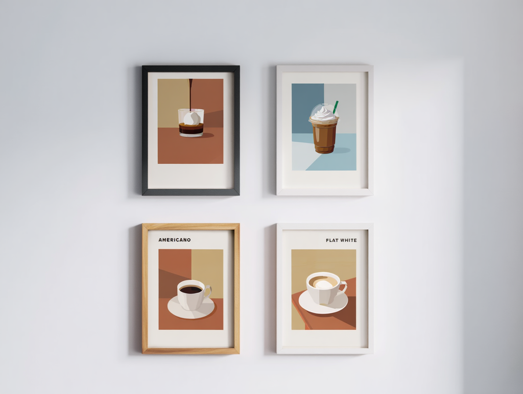 4 Coffee Posters – Affogato, Flat White, Macchiato, Frappuccino & Americano Minimalist Café Wall Art