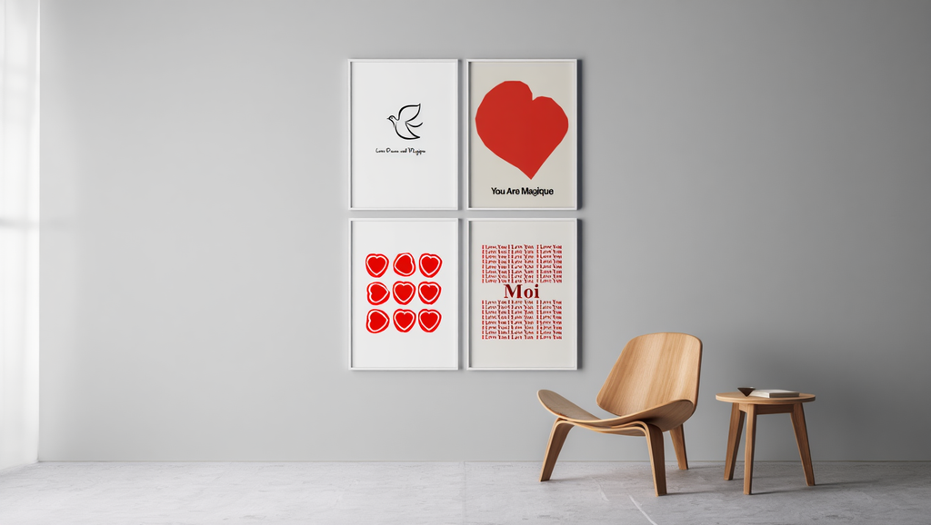 Modern Red Nordic Wall Art 4 Prints  Vintage French-Inspired Wall Art Collection