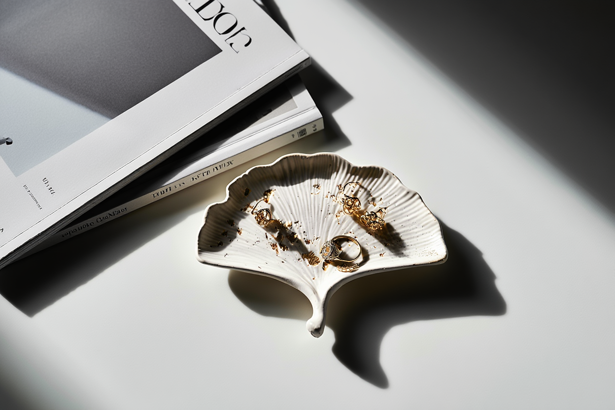 Ginkgo Leaf Tray, White Plaster Trinket Dish, Handmade Minimalist Decor, Jewelry Tray