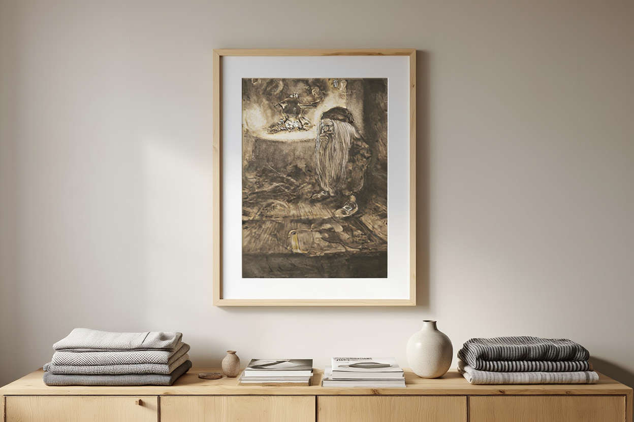 Brownie by a Fireplace – John Bauer (1909) | Fairy Tale Illustration Art Print