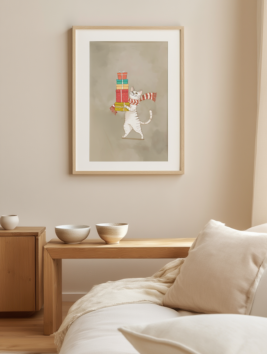 Cat Delivering Gift – Whimsical Holiday Feline Illustration