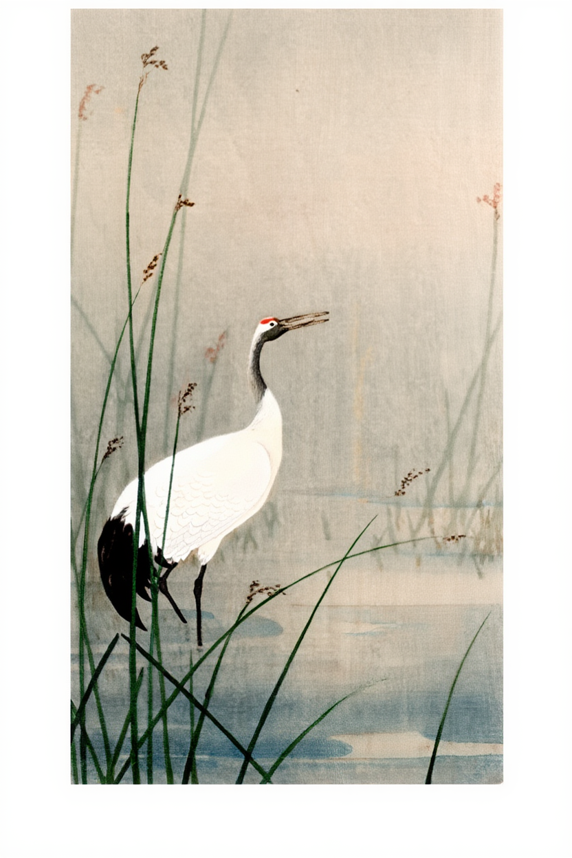 Crane in Small Water – Ohara Koson Poster | Japanese Nature Art Print