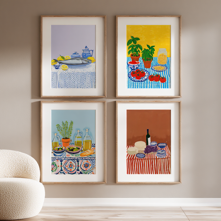 set of three mediterranean kitchen prints | framed... 4 Mediterranean Diet Prints – Colorful Kitchen & Dining Wall Art – Hakyarts