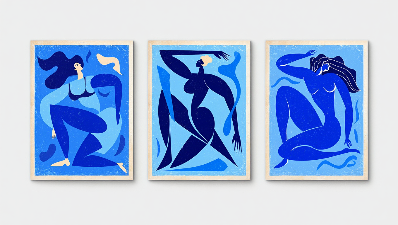Abstract Blue Matisse Line Girl – Set of 3