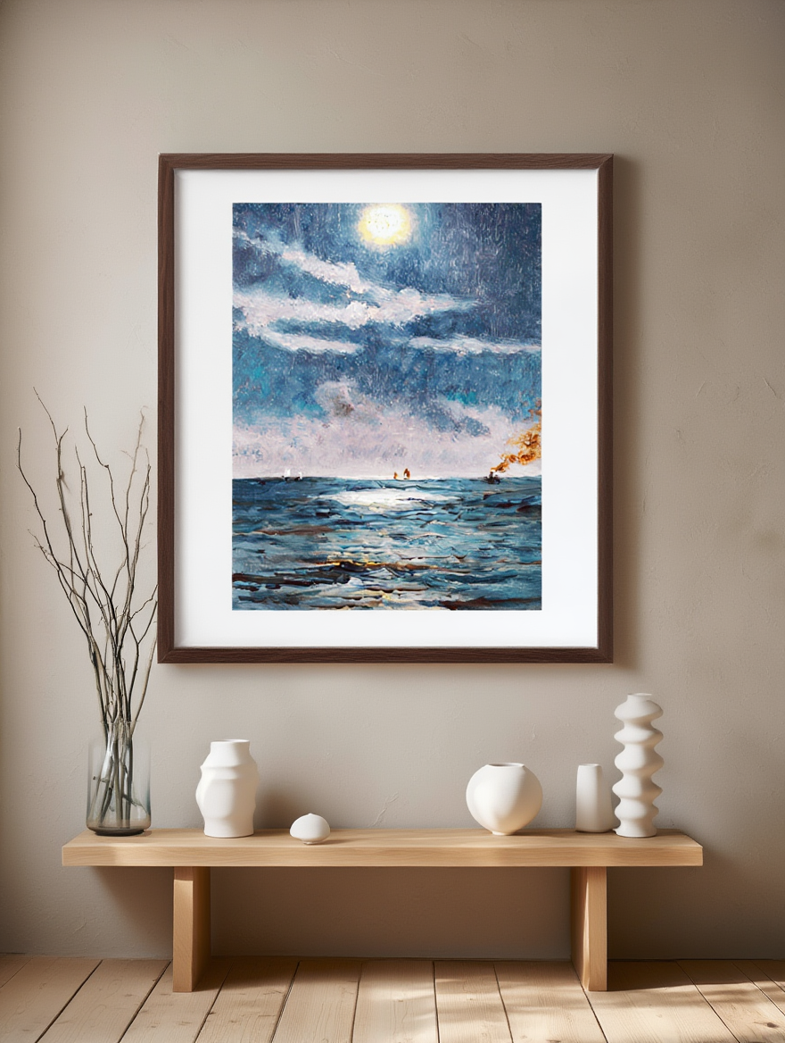 Alfred Stevens - Une scène marine calme au clair de lune