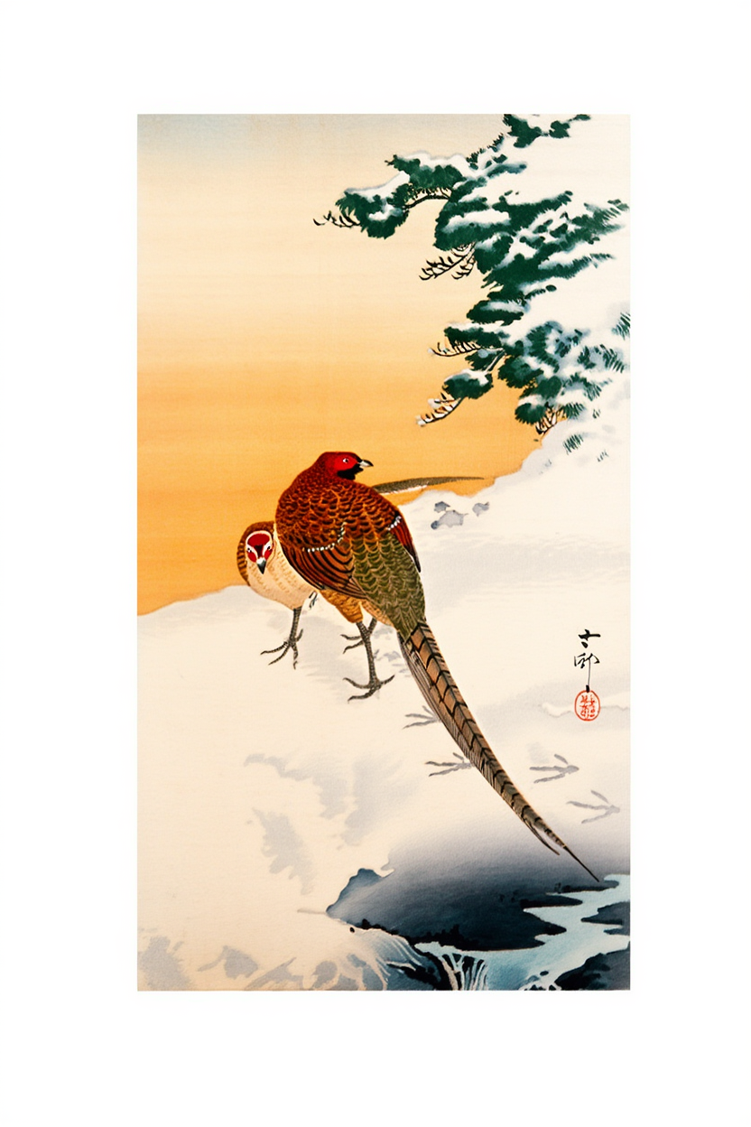 Pheasants on the Snow – Ohara Koson Poster | Japanese Nature Art Print