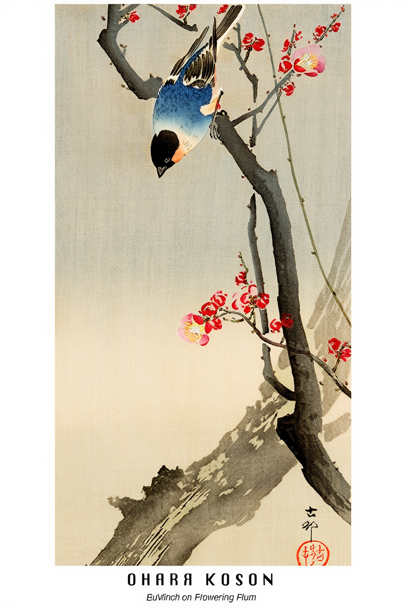 Ohara Koson - Bullfinch on Flowering Tree Poster