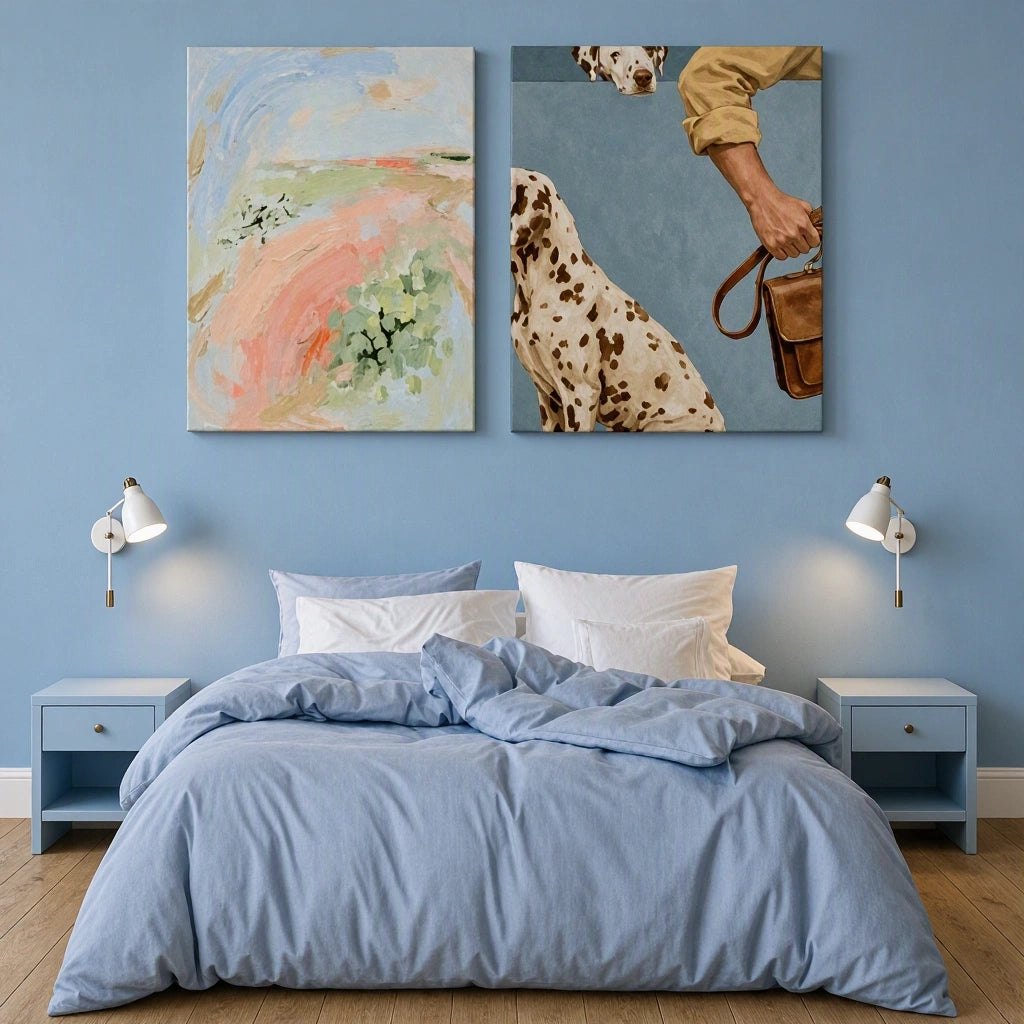 Set of 2 Canvas Prints – Dalmatian on Powder Blue & Colourful Garden Watercolour | Dog and Floral Wall Art