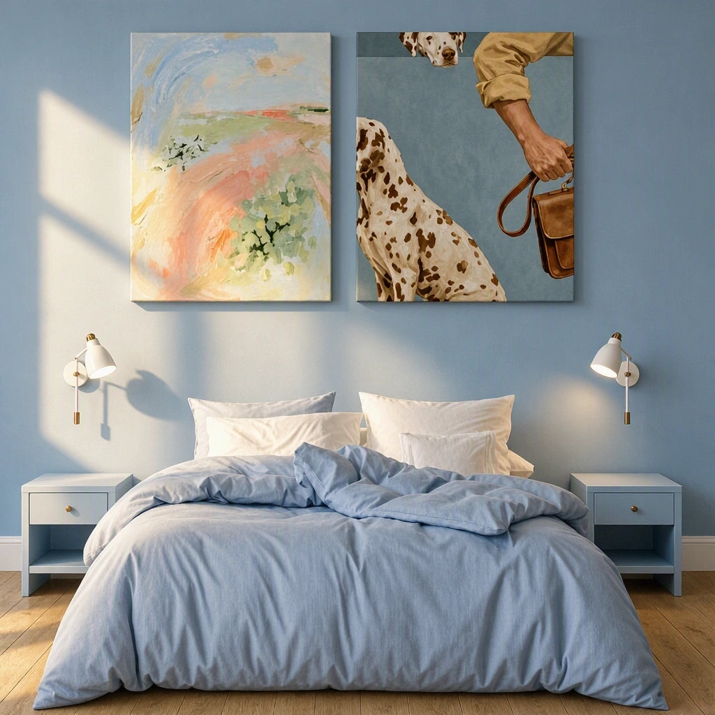 Set of 2 Canvas Prints – Dalmatian on Powder Blue & Colourful Garden Watercolour | Dog and Floral Wall Art