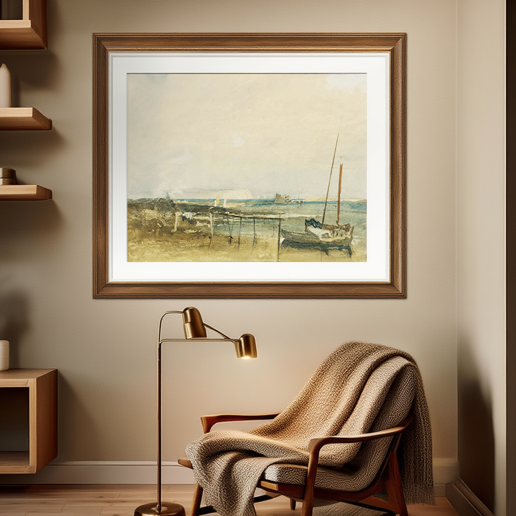 Coast Scene with White Cliffs and Boats on Shore by J.M.W. Turner – Landscape Art Print