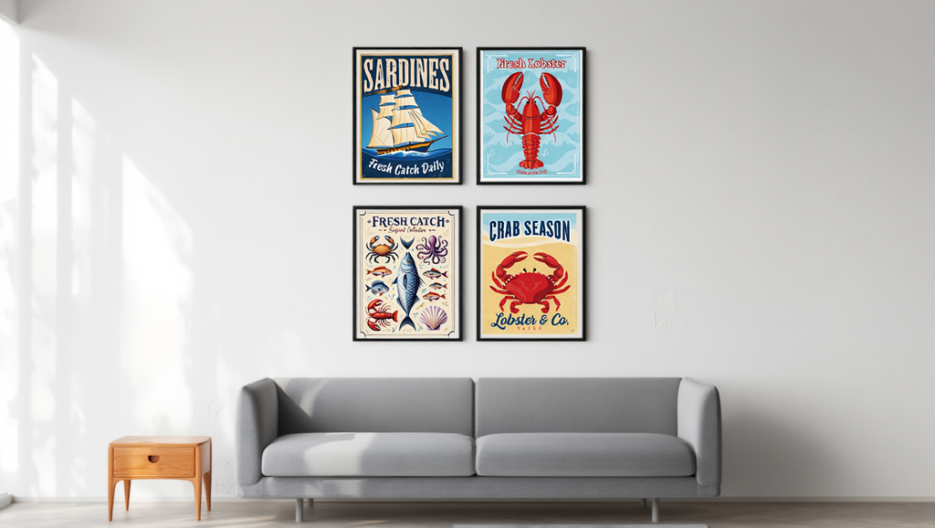 4 Retro Seafood Posters – Sardines, Crab, Lobster & Fish Wall Art Prints
