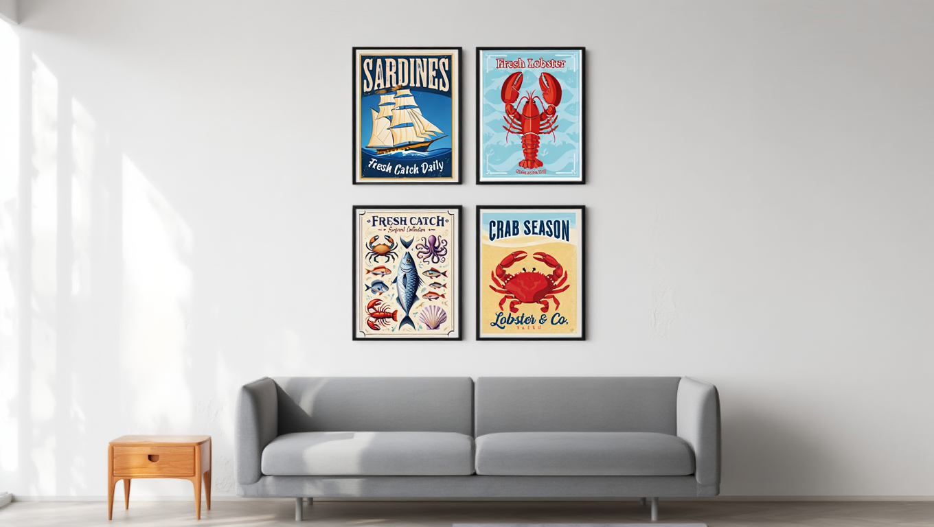 4 Retro Seafood Posters – Sardines, Crab, Lobster & Fish Wall Art Prints