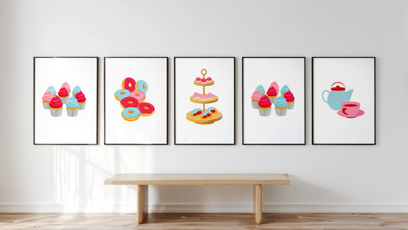 5 Colorful Afternoon Tea Party Prints – Red, Pink & Pastel Blue Nordic Picnic & Dessert Wall Art for Kitchen, Dining & Living Room Decor