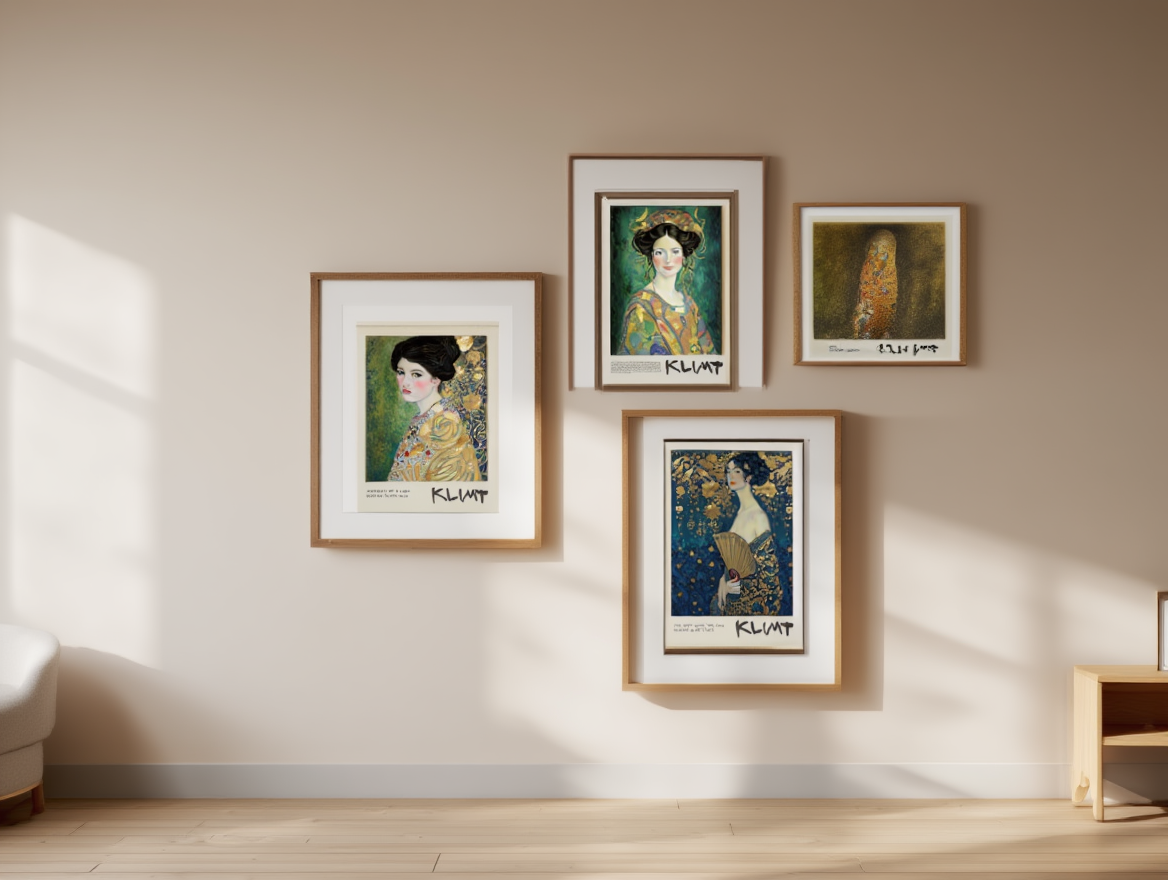 Gustav Klimt Modern Art Print Set – 4 Decorative Golden Wall Prints | Stylish Gallery Wall Décor for Home & Office