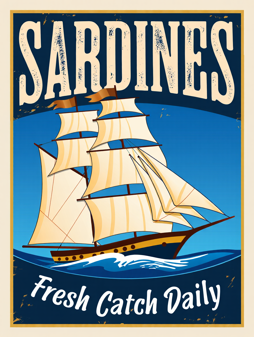 4 Retro Seafood Posters – Sardines, Crab, Lobster & Fish Wall Art Prints