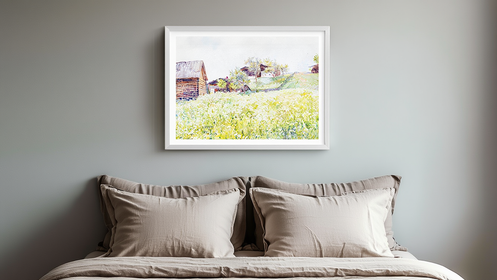 Farm Houses with White Blooming Field – Marie Egner | Classic Landscape Art Print