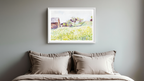 Farm Houses with White Blooming Field – Marie Egner | Classic Landscape Art Print