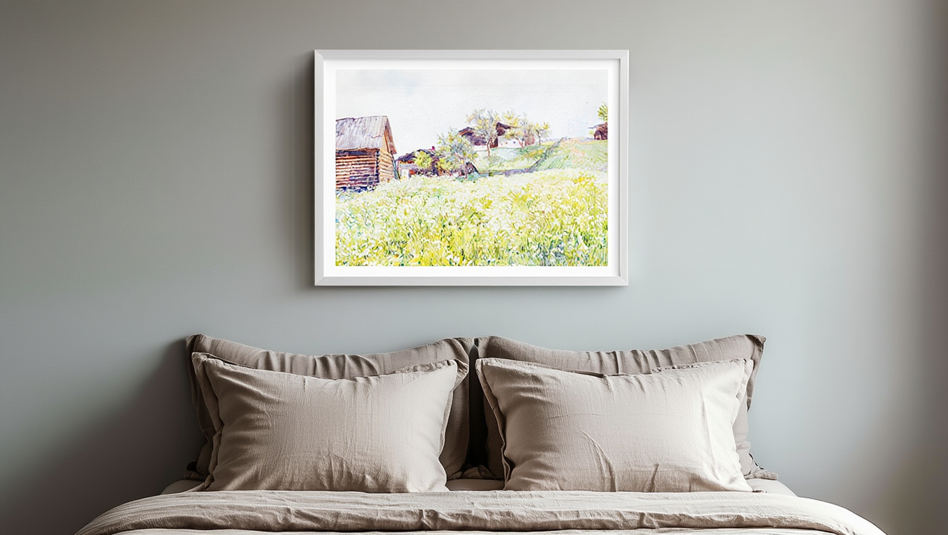 Farm Houses with White Blooming Field – Marie Egner | Classic Landscape Art Print