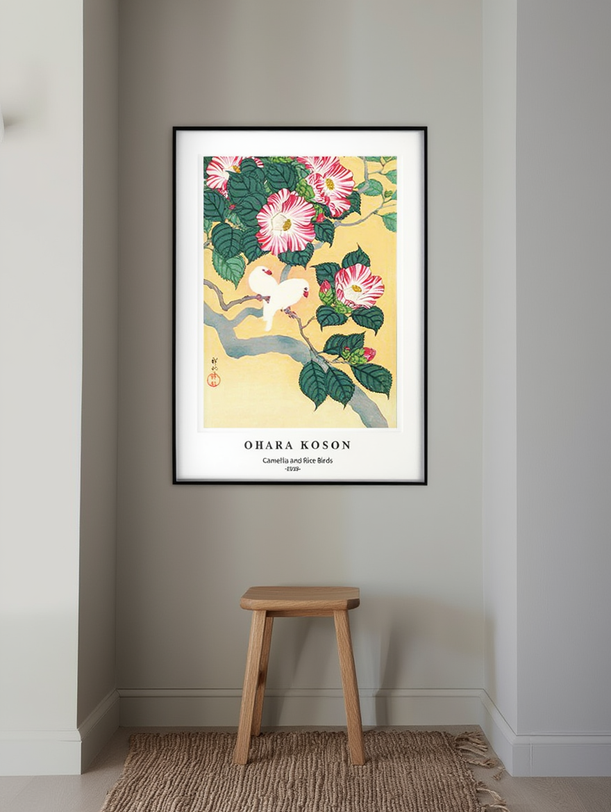 Ohara Koson – Camellia and Rice Birds – Delicate Japanese Nature Art Print