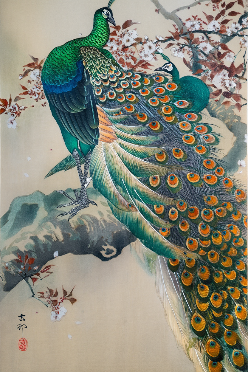 Two Green Peacocks – Ohara Koson Poster | Japanese Nature Art Print