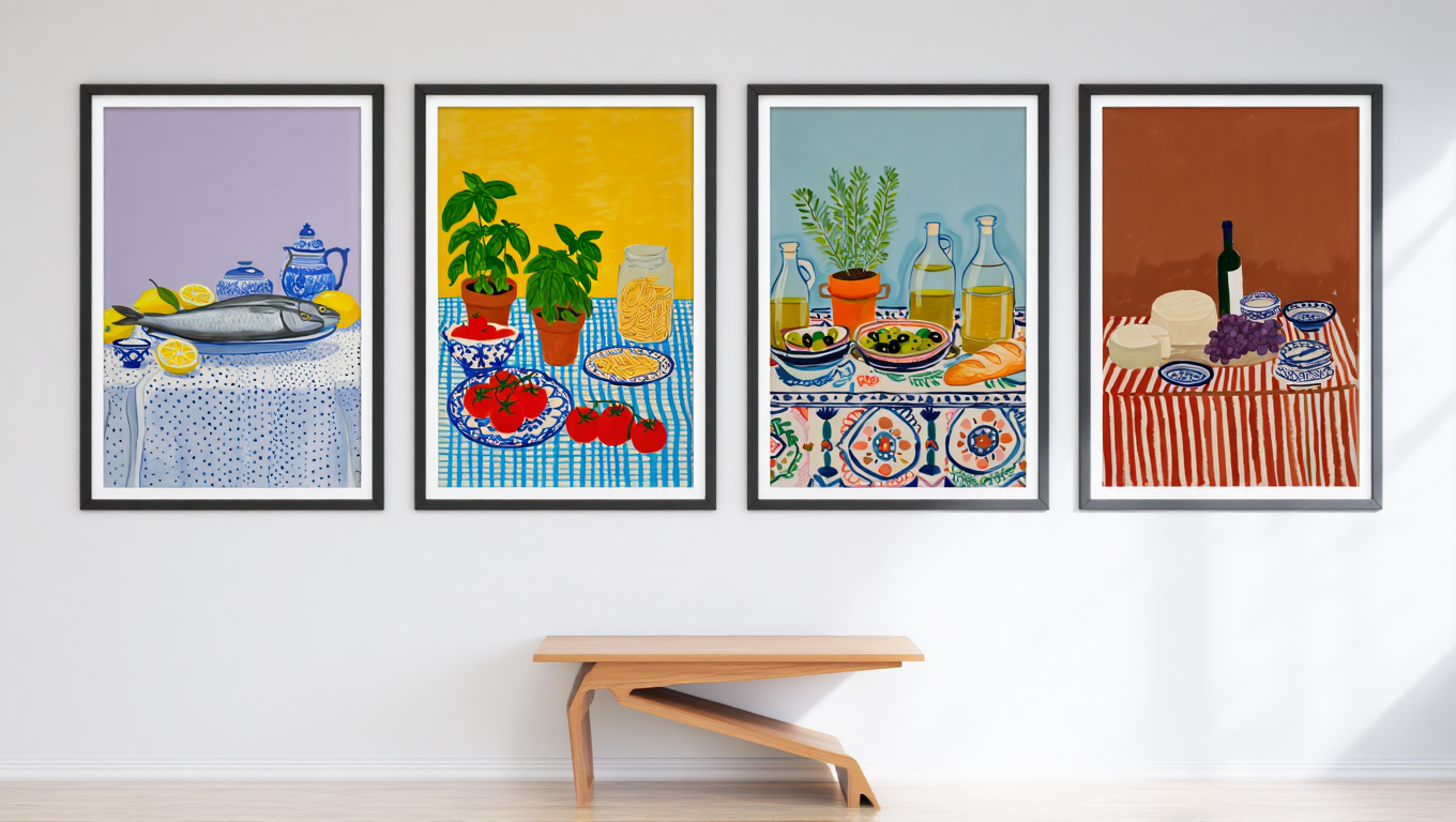 4 Mediterranean Diet Prints – Colorful Kitchen & Dining Wall Art