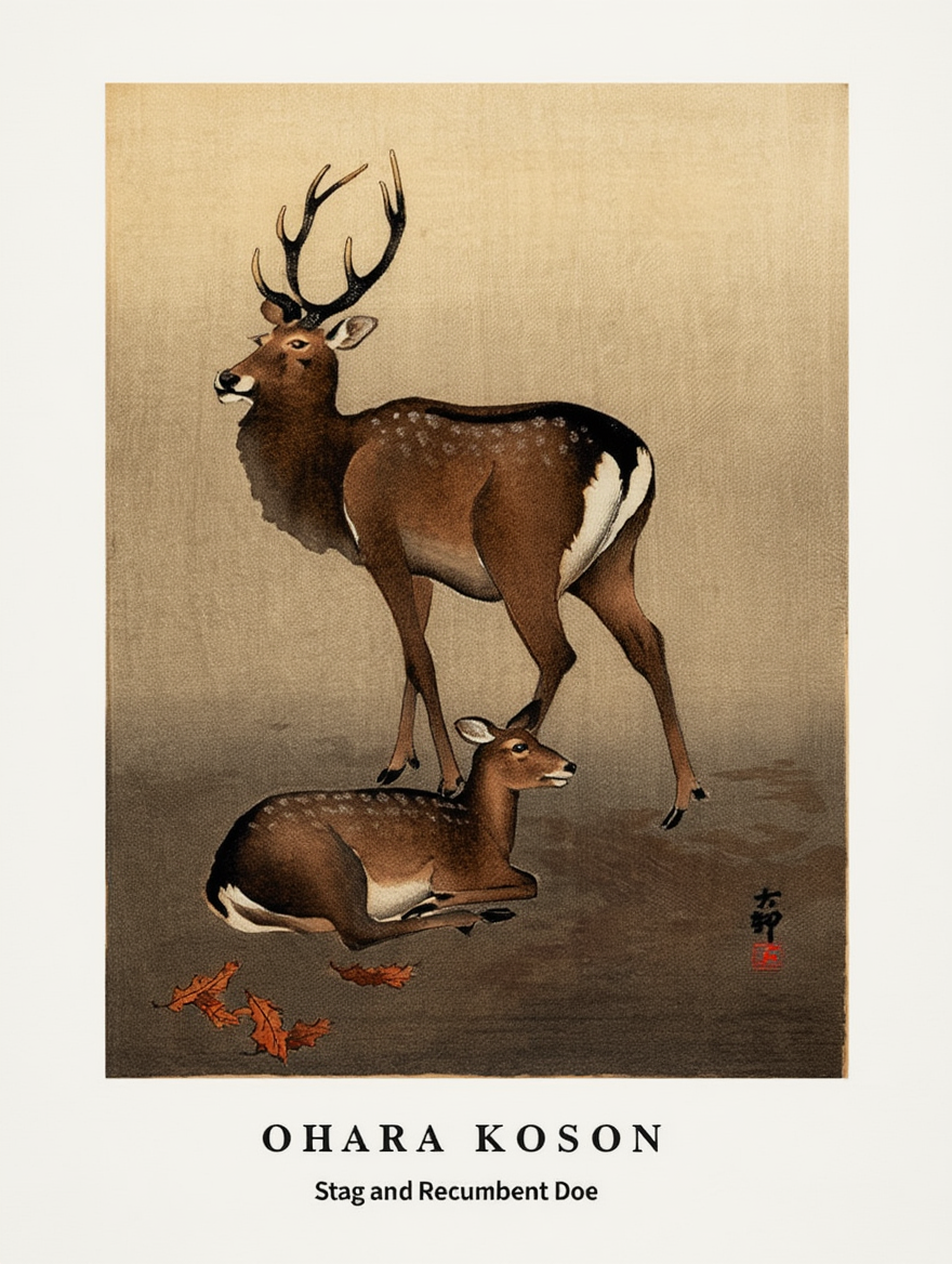 Ohara Koson – Stag and Recumbent Doe – Elegant Japanese Nature Art Print