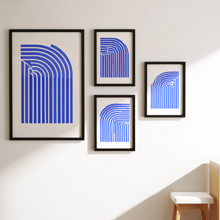 Blue Bauhaus Rainbow – Living Room Set of 4 Modern Prints