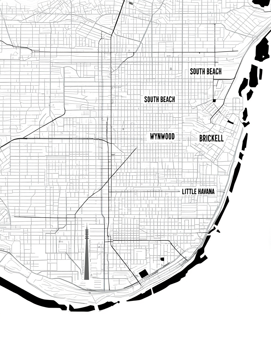 Miami City Map Poster – Minimalist Black & White Urban Wall Art Print