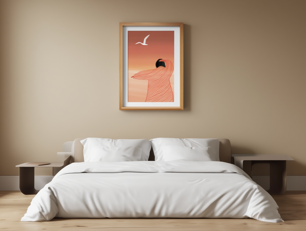 Abstract Female Figure Flying Seagull – Modern Minimalist Wall Art Print