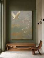 Canvas Print Flying Cranes in Mist | Japanese-Inspired Bird Wall Art